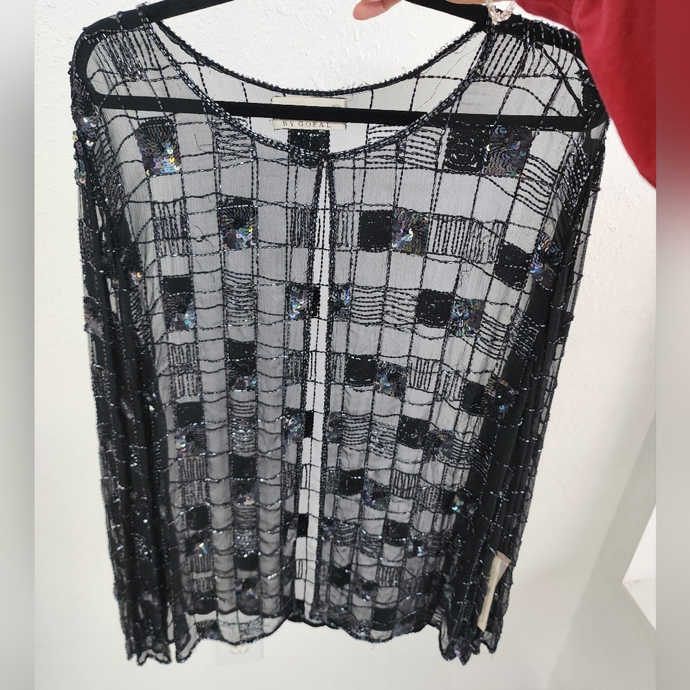 VTG NWT Chic Black Sheer Fully beaded checkered pattern Women's Blouse sz 2X - Picture 3 of 6